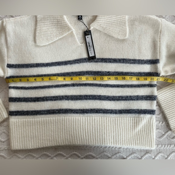 Steve Madden Navy and White Designer Collar Striped Sweater Women’s Medium - Picture 14 of 15